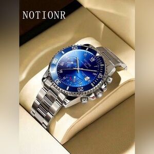 NWOT NOTIONR Blue Dial Chromograph Silver Stainless Steel Quartz Watch